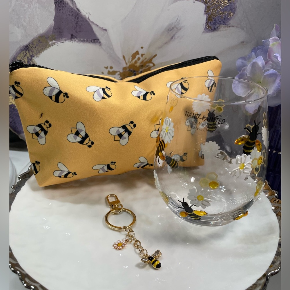 Queen Bee trio bundle embellished painted wine glass, pouch, bag charm/k…